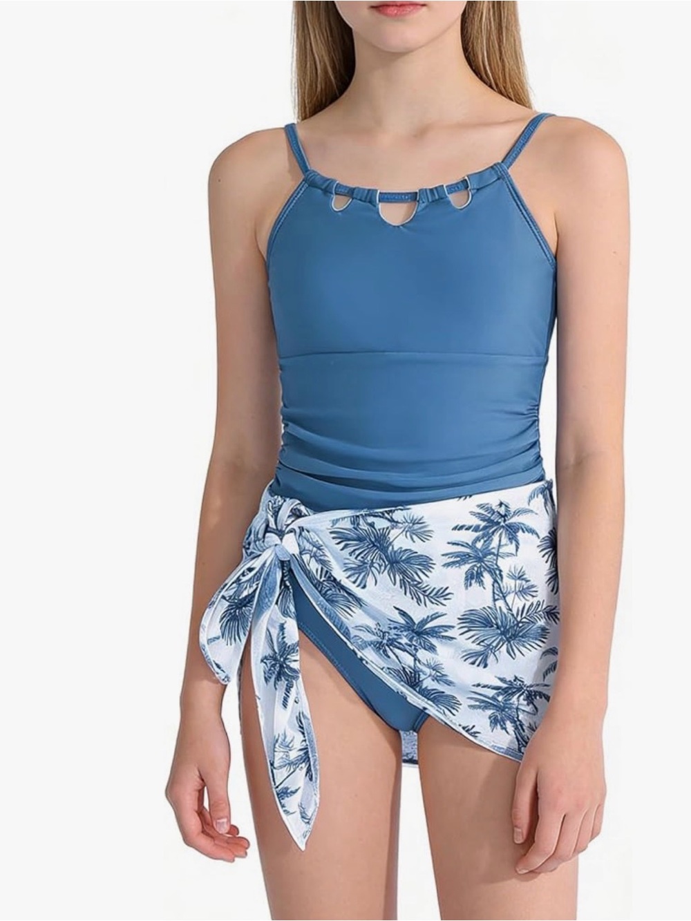 Girls One-Piece Bathing Suit with Mesh Cover Ups Skirt Adjustable-SIZE 15-16y